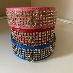 Dog collar with rhinestones. ONE-20” collar fits an 18”neck. Red, pink, blue.